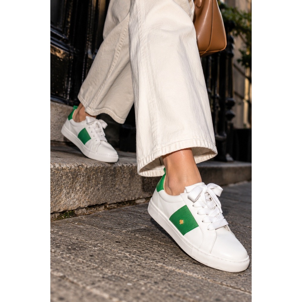 Kate Spade Ainsley Leather Grosgrain Low Top Sneakers White Green 9.5